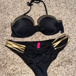 Victoria's Secret Gold and Black Bikini Set with Strappy Design